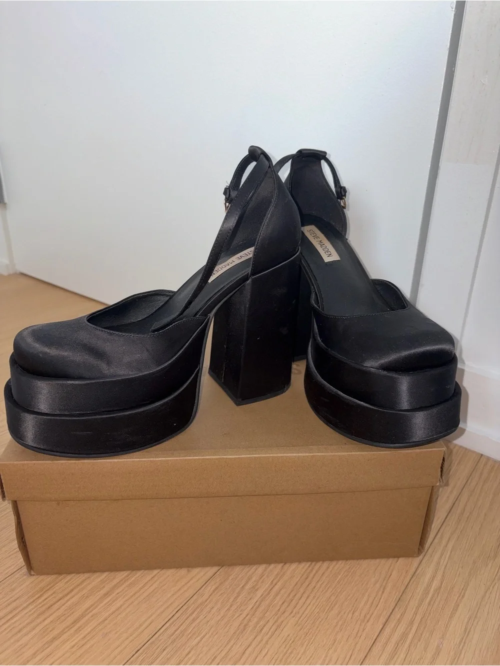 Steve Madden Charlize Black Satin Platform Heels